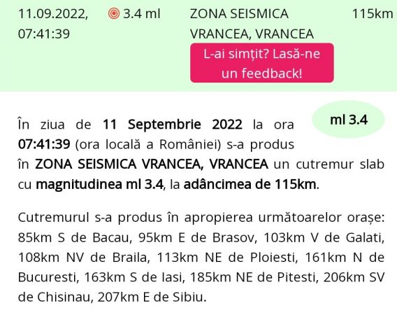 Un cutremur slab cu magnitudinea 3,4 pe Richer s-a produs duminică dimineaţa în România