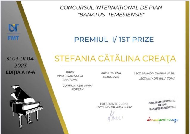 Elevi ai Liceului de Arte „Bălașa Doamna” au obținut rezultate deosebite la Concursul Internațional de pian „Banatus Temesiensis”