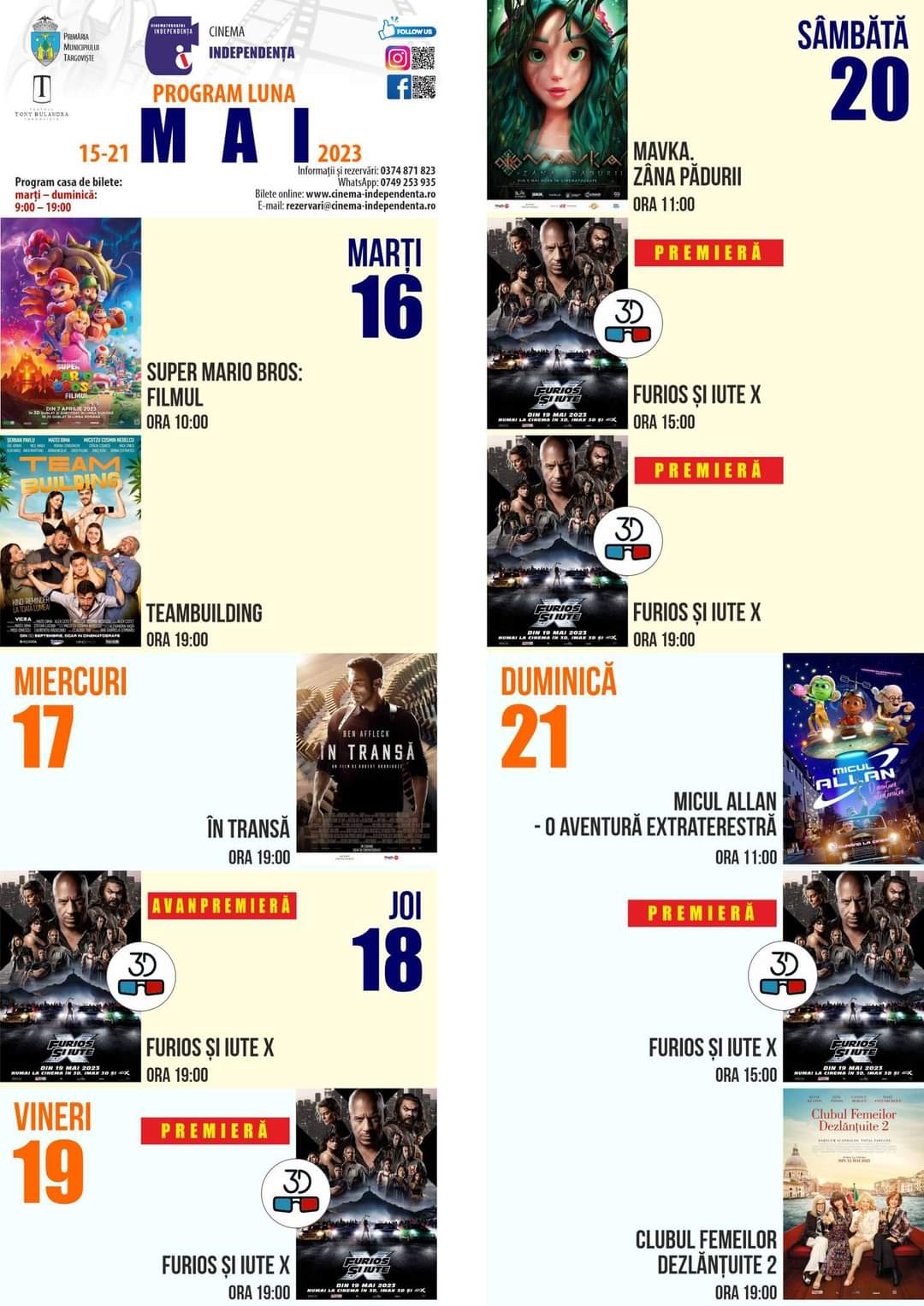 Oferta proiecțiilor de filme la Cinema Independența pentru  perioada 15-21 mai 2023 este variată.