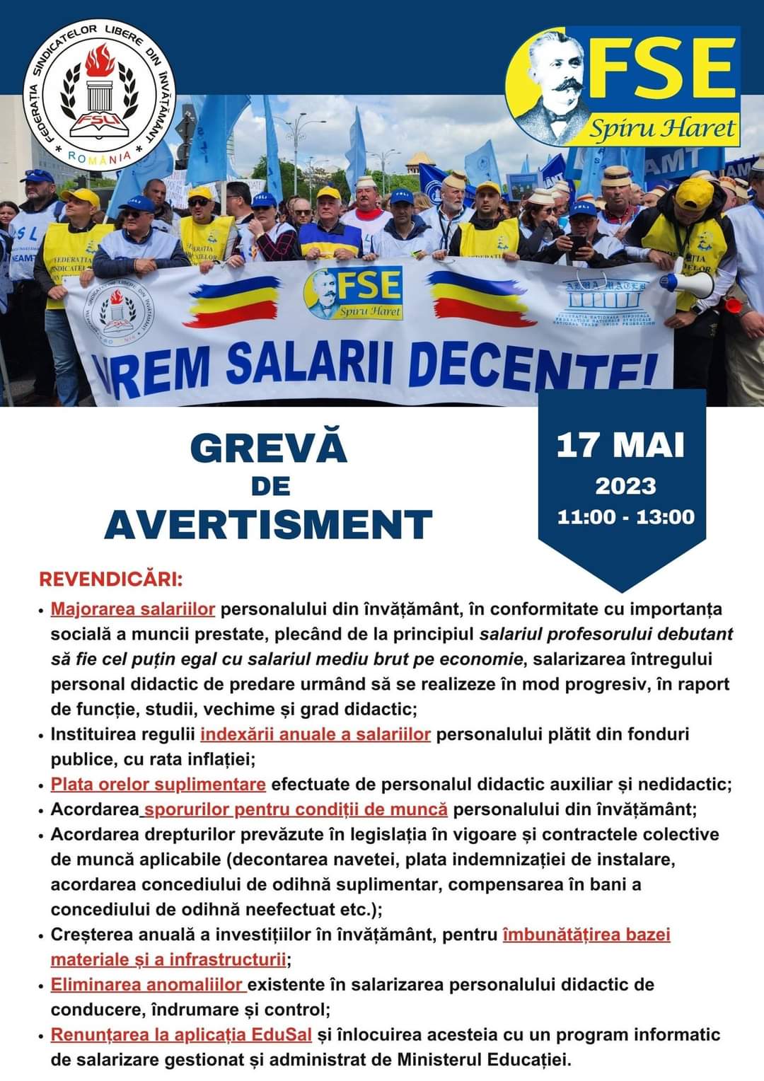 Astăzi, 17 mai 2023, GREVĂ DE AVERTISMENT în unitățile școlare din România, între orele 11:00 -13:00, mai mult, principalele federații sindicale din învățământ