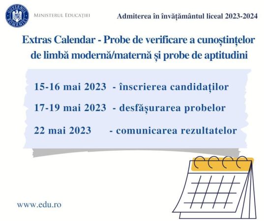 Au început înscrierile pentru susținerea probelor de aptitudini sau de verificare a cunoștințelor de limbă străină pentru ADMITEREA ÎN CLASA A IX-A
