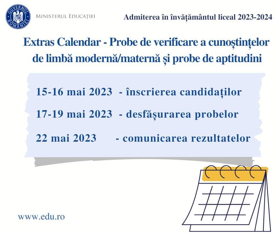 Ieri, 15 mai 2023, au început înscrierile pentru susținerea probelor de aptitudini sau de verificare a cunoștințelor de limbă străină/maternă pentru