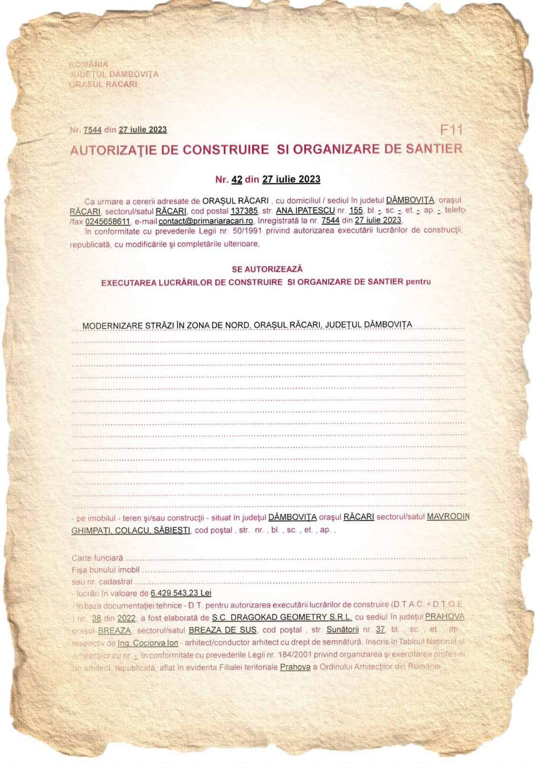 Se dă startul lucrărilor de asfaltare și modernizare străzi în zona NORD, orașul Răcari, primarul Marius Caravețeanu a anunțat