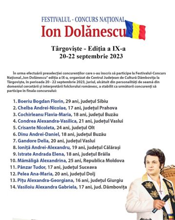 În perioada 20-22 septembrie 2023, ediția a IX-a a Festivalului – Concurs Naţional „ION DOLĂNESCU”