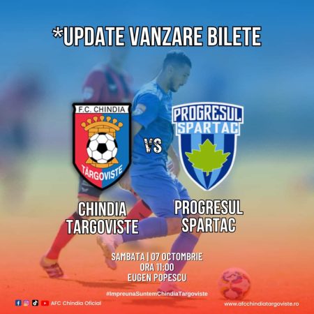 Chindia Târgoviște-Progresul Spartac, la acest meci, copiii între 0-14 ani au intrarea gratuită pe stadion