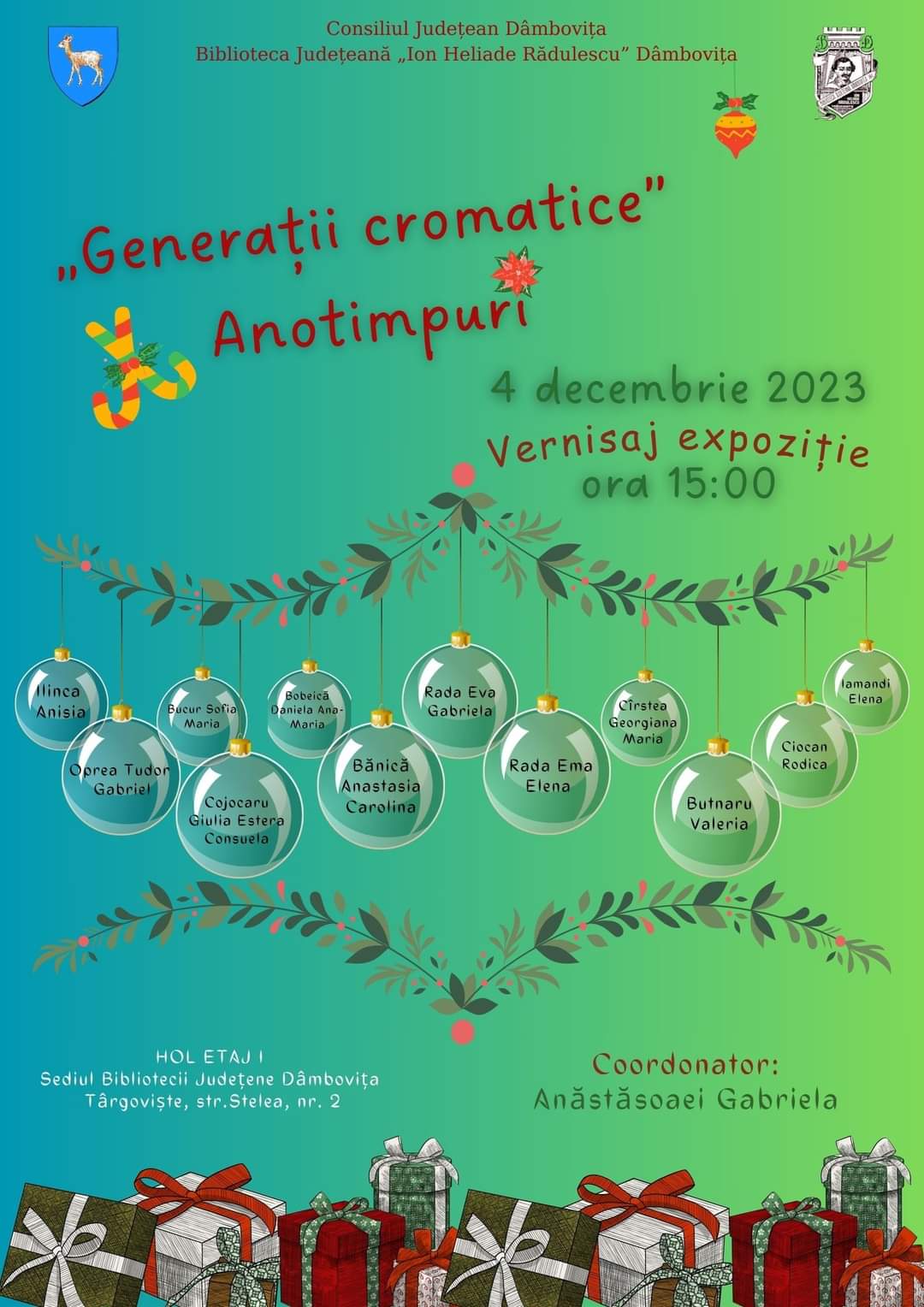 Luni, 4 decembrie 2023, ora 15.00, Biblioteca Județeană ”I. H. Rădulescu” Dâmbovița organizează vernisajul expoziției