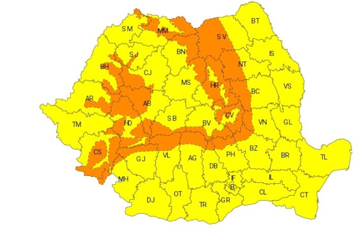 AVERTIZARE METEOROLOGICĂ  COD GALBEN pentru tot județul Dâmbovița: Vânt puternic, temperaturi scăzute și precipitații mixte