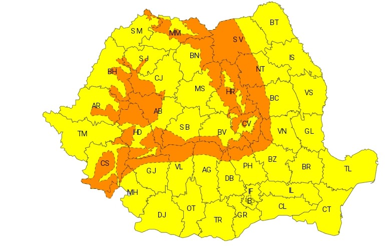 AVERTIZARE METEOROLOGICĂ COD GALBEN pentru tot județul Dâmbovița: Vânt puternic, temperaturi scăzute și precipitații mixte