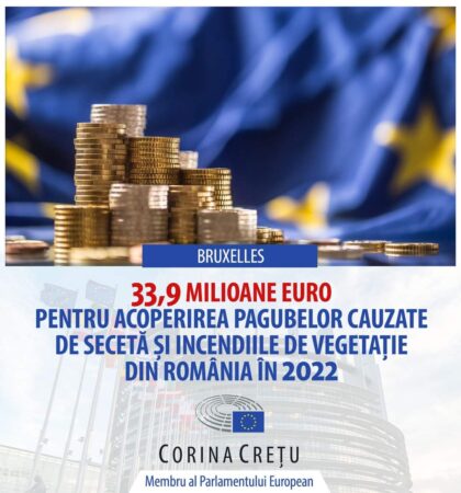 Aproape 34 de Milioane Euro din Fondul de Solidaritate al Uniunii Europene acordate României pentru repararea pagubelor cauzate de seceta gravă în 2022