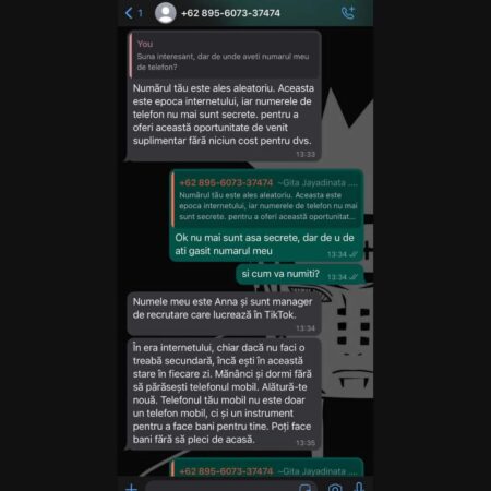  În ultimele zile, DNSC a primit numeroase notificări din partea utilizatorilor din România cu privire la recepționarea unor mesaje nesolicitate, sosite din partea unor necunoscuți pe #WhatsApp. Mesajele erau de obicei formulate în limba engleză sau în limba română, așa cum se poate observa din imagini.  