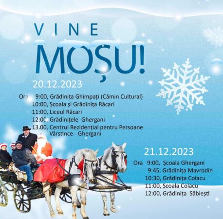 Vine Moșul la Răcari, miercuri , 20 decembrie!  La prima  oră a dimineţii, Moş Crăciun  va poposit la Primăria Răcari unde într-o atmosferă caldă şi plină de magie  îl va întâmpina  primarul Marius Caraveţeanu după care va porni la drum prin tot orașul Răcari