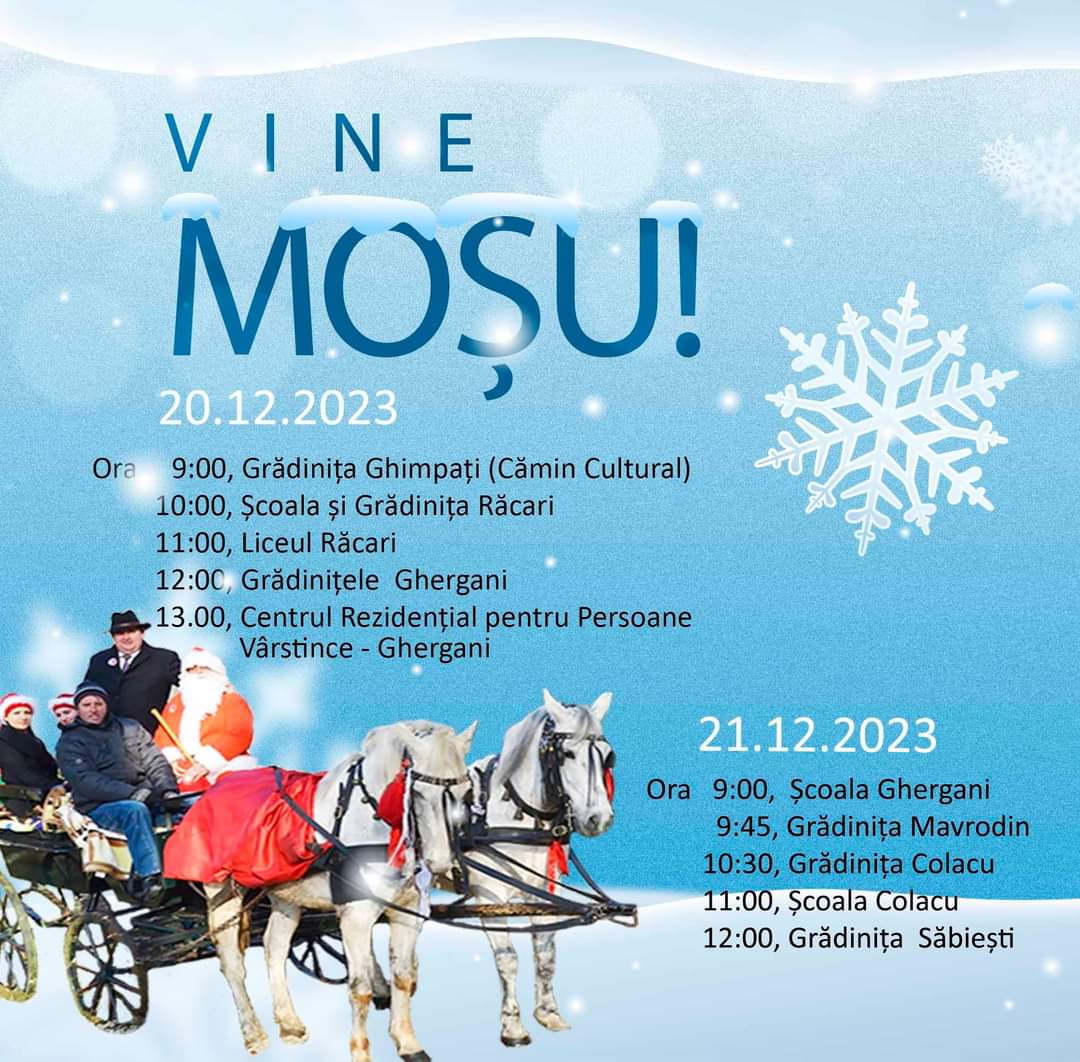 Vine Moșul la Răcari, miercuri , 20 decembrie! La prima oră a dimineţii, Moş Crăciun va poposit la Primăria Răcari unde într-o atmosferă caldă şi plină de magie îl va întâmpina primarul Marius Caraveţeanu după care va porni la drum prin tot orașul Răcari