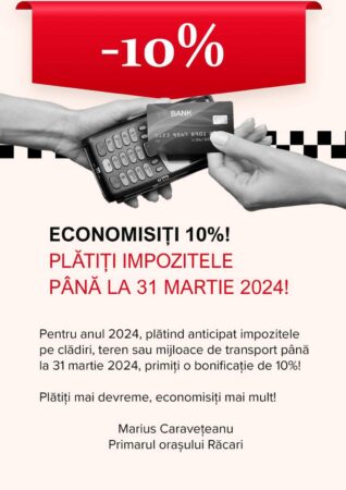 Primaria orașului Răcari: Economisiți 10%! Plătiți impozitele până la 31 martie 2024!