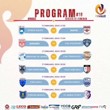 Toate partidele se vor disputa sâmbătă, 17 februarie 2024. Două dintre întâlniri ies în evidență. E vorba de meciurile CSM Lugoj-CSM București