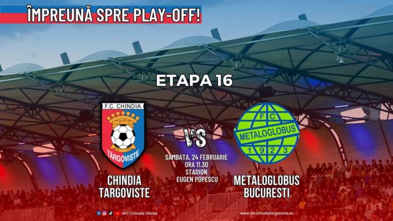 Reduceri la biletele pentru meciul Chindia Targoviște – Metaloglobus București Chindia Targoviște vs Metaloglobus București, etapa 16, 24 februarie, ora 11:30, stadion "Eugen Popescu" Târgoviște, o victorie este extrem de importantă în lupta pentru calificarea în play-off.