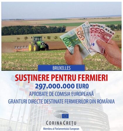 Eurodeputatul Corina Crețu anunță că Comisia Europeană a aprobat două scheme de ajutor de stat notificate de România, destinate fermierilor.