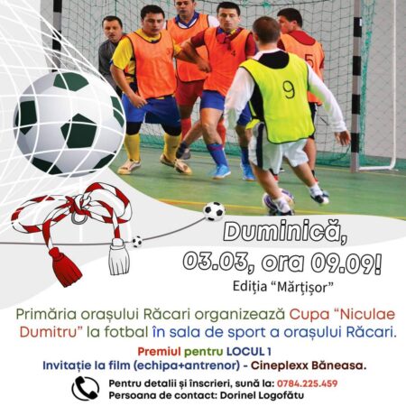 Cupa “Niculae Dumitru” la fotbal, ediția “Mărțișor” Primăria orașului Răcari organizează Cupa “Niculae Dumitru” la fotbal în sala de sport a orașului Răcari, duminică, 03.03.2024, ora 09:09, ediția “Mărțișor”.