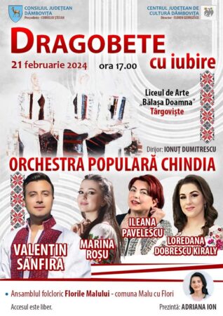 Nu ratați spectacolul „Dragobete cu iubire” Dragobetele sau zeul dragostei, deschizător al primăverii și fiu al Babei Dochia, este sărbătorit în fiecare an, pe 24 februarie.