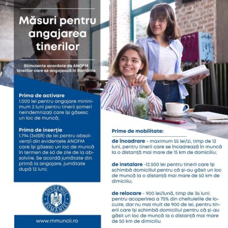 Prime pentru tinerii care se angajează Ministerul Muncii și Solidarității sociale acordă, prin Agenția Națională de Ocupare a Forței de Muncă, stimulente tinerilor care se angajează.