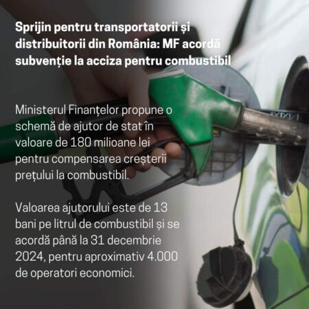 Se acordă subvenție la acciza pentru combustibil, transportatorilor și distribuitorilor din România Ministerul Finanțelor propune, printr-un proiect de hotărâre de guvern, o schemă de ajutor de stat pentru compensarea creșterii