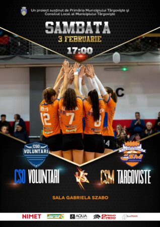 Sâmbătă, 3 februarie, ora 17:00, Sala “Gabriela Szabo” din Bucureșt va fi gazda unui meci de volei de neratat între CSO Voluntari și CSM Târgoviște. 
