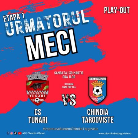 Chindia Târgoviște joacă în prima etapă din play-out,  în deplasare la CS Tunari, 30 martie, ora 11:00.
