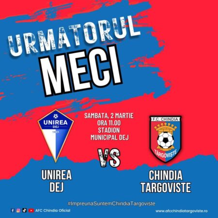 Chindia va juca  în deplasare , pe  2 martie, de la ora 11:00, cu Unirea Dej, în etapa a 17-a,  a Ligii 2.