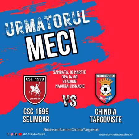 Chindia Târgoviște va juca în deplasare pe terenul liderului CSC Şelimbăr, un meci contând pentru etapa 19, sâmbătă, 16 martie, ora 14:00.Chindia Târgoviște trebuie să câștige, va fi un meci foarte greu.