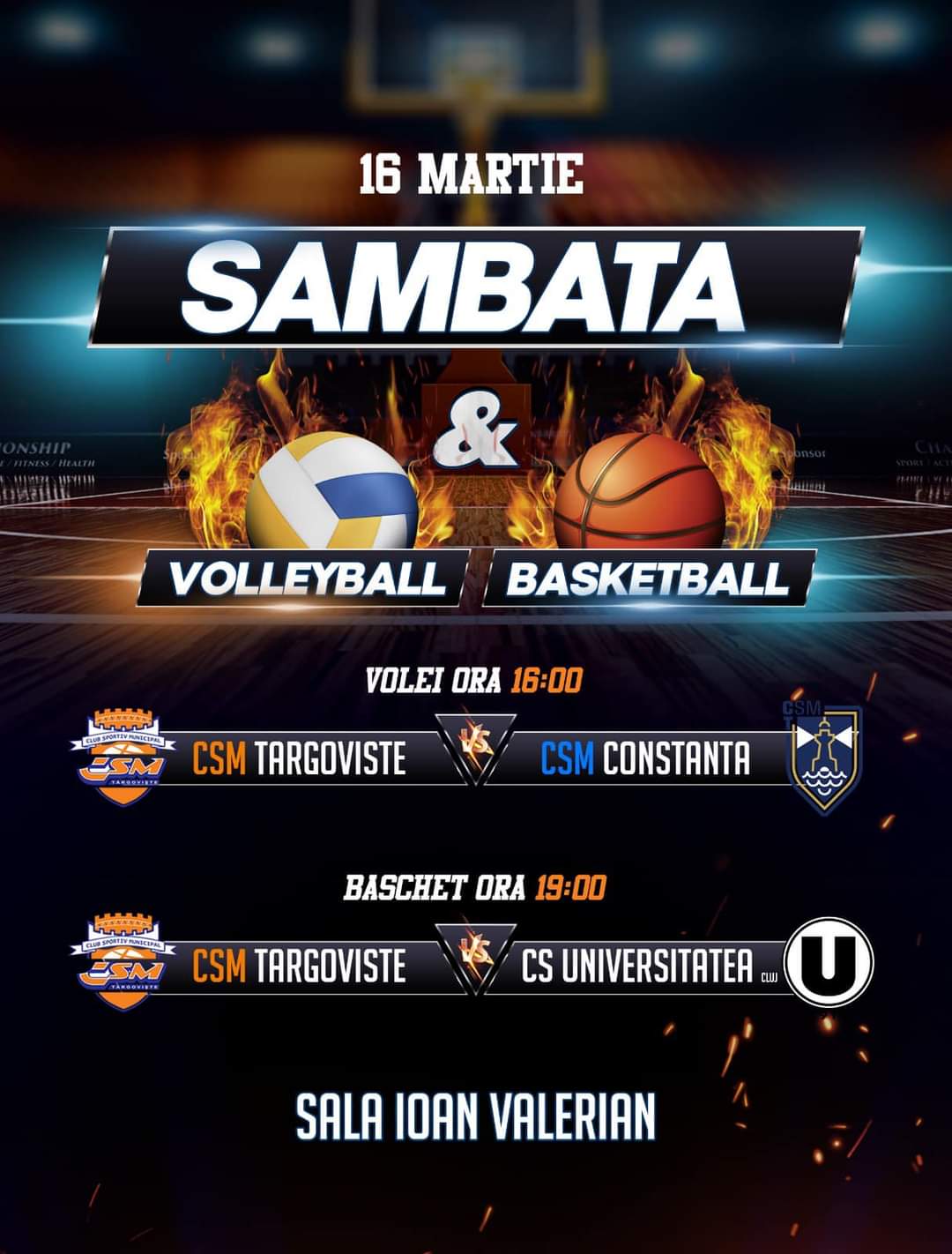 CSM Târgoviște se pregătește să găzduiască două meciuri captivante sâmbătă, 16 Martie, în Sala "Ioan Valerian" din Târgoviște, oferind fanilor volei și baschet de calitate.