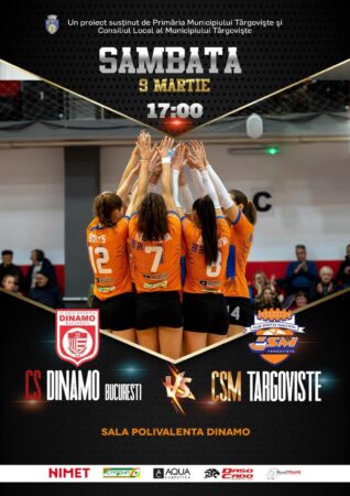 Meciul de volei dintre CS Dinamo București și CSM Târgoviște este programat pe 9 martie, la ora 17:00, în Sala Polivalentă Dinamo. 