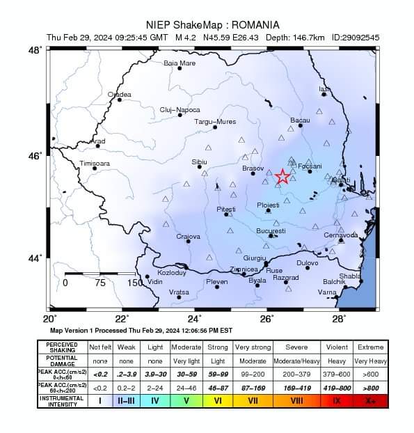 În ziua de 29 Februarie 2024, la ora 11:25:46 (ora locală a României), s-a produs în ZONA SEISMICA VRANCEA, BUZĂU un cutremur mediu cu magnitudinea ml 4.2, la adâncimea de 140.0 km.”, conform site-ului INFP.