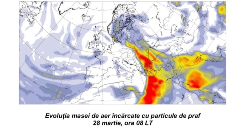 Administrația Națională de Meteorologie informează că în perioada 27 martie, ora 12:00 – 28 martie, ora 22:00, circulația aerului