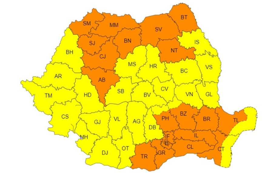 Administrația Națională de Meteorologie a emis o avertizare meteorologică de vreme severă, valabilă până astăzi, ora 22:00.