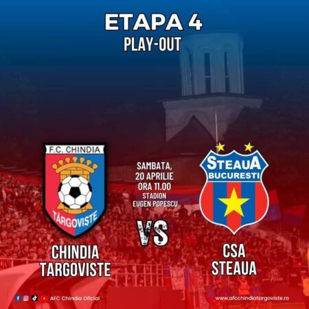 Nu ratați meciul Chindia Târgovişte - CSA Steaua Bucureşti, etapa 4, Play-Out, sâmbătă, 20 aprilie, ora 11:00, stadion Eugen Popescu, Târgoviște.