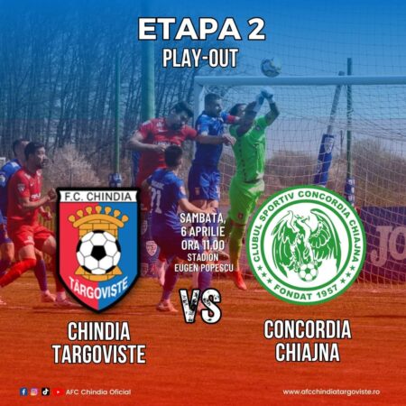 Puteți achiziționa bilete pentru meciul Chindia Târgoviște vs Concordia Chiajna, etapa 2, Play-Out ce va avea loc sâmbătă, 6 aprilie, ora 11.00, Stadion Eugen Popescu, Târgoviște