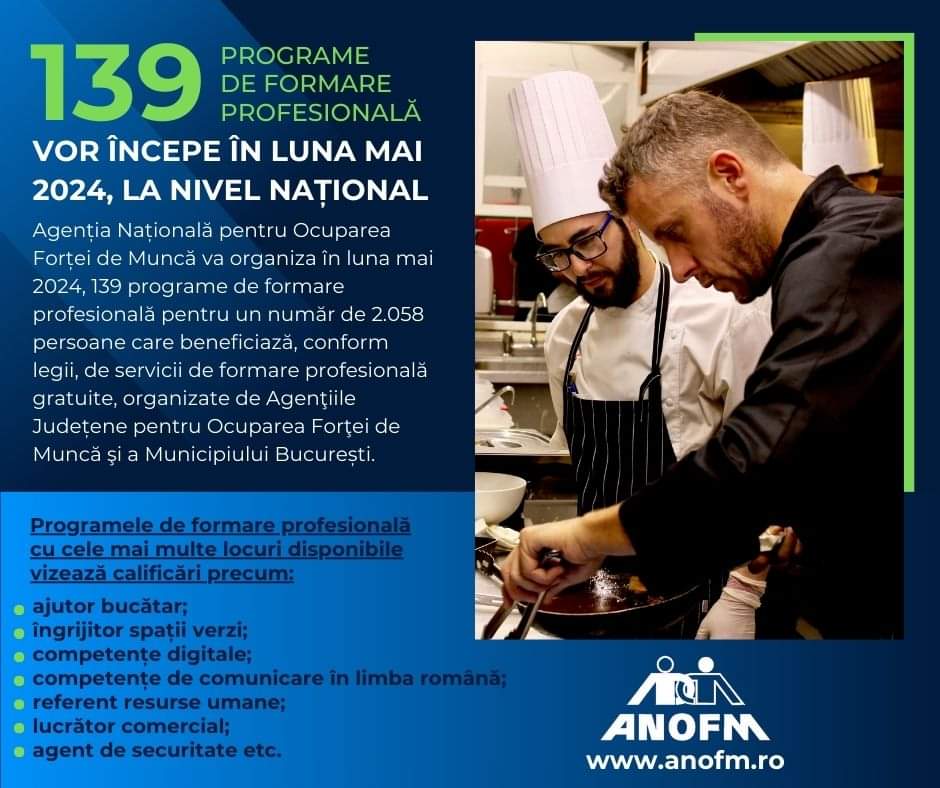 Agenția Națională pentru Ocuparea Forței de Muncă anunță organizarea a 139 de programe de formare profesională GRATUITE
