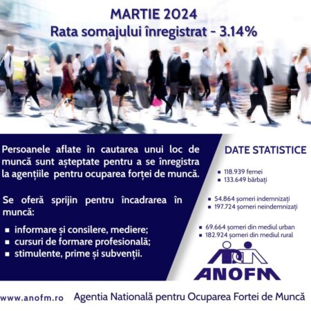 3,14 este rata şomajului înregistrat la nivel naţional la 31 martie 2024.Numărul total de şomeri la finele lunii martie 2024 a fost de 252.588