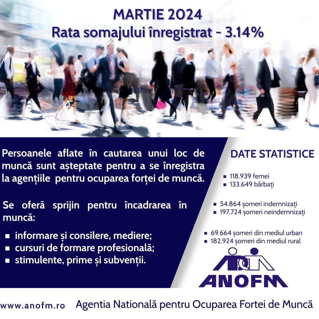 3,14 este rata şomajului înregistrat la nivel naţional la 31 martie 2024.Numărul total de şomeri la finele lunii martie 2024 a fost de 252.588