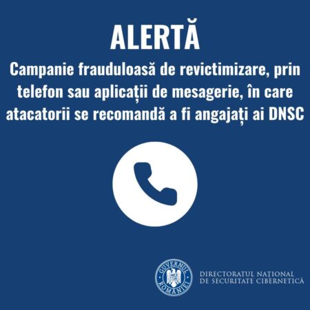 Atenție la mesajele sau apelurile false Atenție la mesajele sau apelurile false în care potențialele victime sunt apelate de atacatori care se prezintă ca angajați ai DNSC și oferă servicii de recuperare a banilor pierduți în tentative de fraudă!