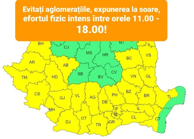 Meteorologii au emis pentru astăzi,  o nouă atenționeare meteo COD GALBEN de CANICULĂ. 