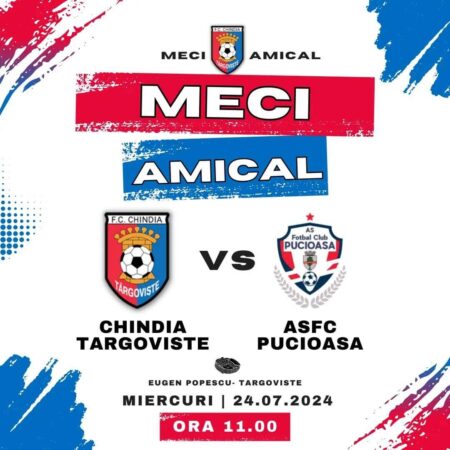 Meci amical între Chindia Târgoviște și ASFC Pucioasa, astăzi, ora 11:00, la Stadionul „Eugen Popescu” Într-un meci amical programat pentru miercuri, 24 iulie, echipa Chindia Târgoviște se va confrunta cu ASFC Pucioasa pe terenul Stadionului "Eugen Popescu".