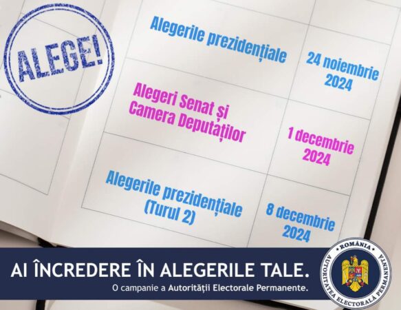 AEP: Primul tur al alegerilor prezidențiale va avea loc pe 24 noiembrie 2024, iar al doilea tur pe 8 decembrie 2024 Autoritatea Electorală Permanentă a anunțat că data alegerilor prezidențiale din România pentru anul 2024 a fost stabilită conform Hotărârii de Guvern nr. 756/2024.