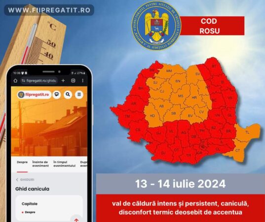 Județul Dâmbovița este sub AVERTIZARE METEOROLOGICĂ COD ROȘU de CANICULĂ Interval de valabilitate: 15, 16 iulie. Fenomene vizate: val de căldură intens și persistent, caniculă, disconfort termic deosebit de accentuat