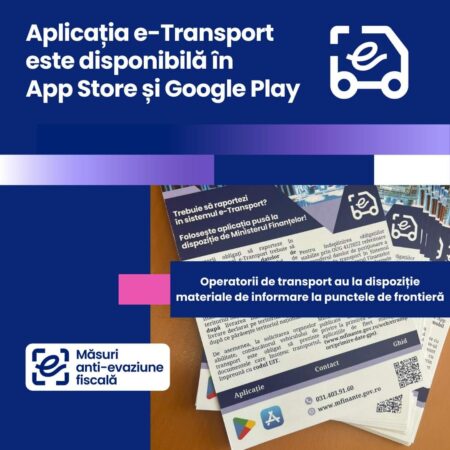 ANAF: Aplicația RO e-Transport, este operațională și poate fi descărcată din APP Store și Google Play Aplicația e-Transport, prin intermediul căreia sunt monitorizate transporturile rutiere pe teritoriul național ale bunurilor cu risc fiscal ridicat