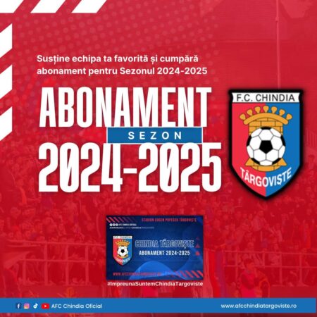 Chindia Targoviște anunță că au fost puse în vânzare abonamentele pentru sezonul 2024-2025 Chindia Targoviște anunță că au fost puse în vânzare abonamentele pentru sezonul 2024-2025, invitându-și suporterii