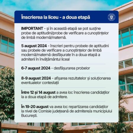 Important: Continuă procesul de înscriere la liceu! În situația în care copilul dumneavoastră nu este încă înscris în clasa a IX-a, calendarul de admitere conține o nouă etapă de înscrieri, ce se va desfășura în perioada următoare.