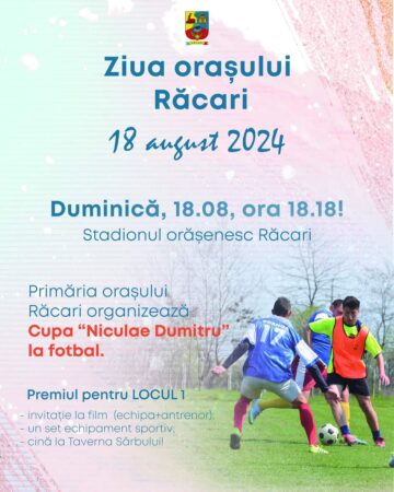 Cupa „Niculae Dumitru” la fotbal Primăria orașului Răcari organizează un eveniment sportiv deosebit în data de 18 august, ora 18:08, pe stadionul local.