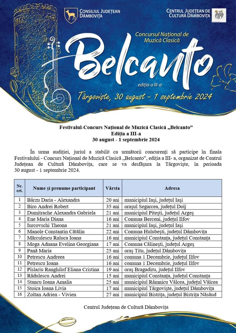 În finala Festivalului-Concurs Național de Muzică Clasică ”Belcanto”, ediția a III-a, 2024, s-au calificat 16 concurenți.