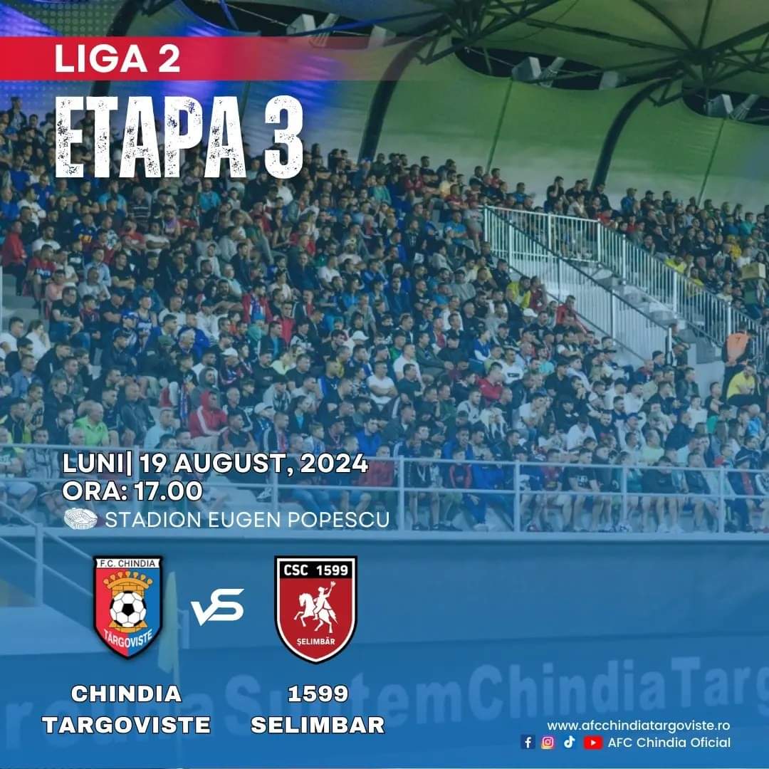 Au fost puse în vânzare biletele pentru meciul dintre Chindia Târgoviște și CSC 1599 Şelimbăr. Confruntarea va avea loc pe stadionul Eugen Popescu, astăzi,19 august, începând cu ora 17:00.