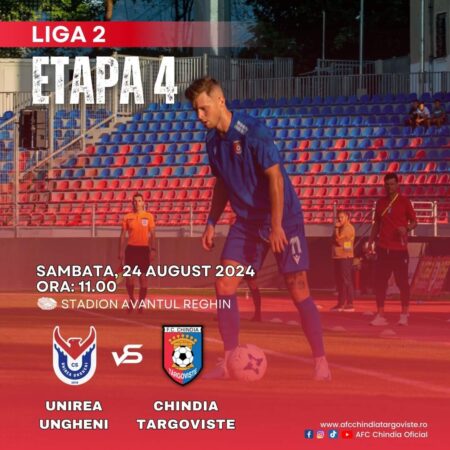 Chindia Târgoviște va juca împotriva Unirii Ungheni pe 24 august la Stadionul Avantul din Reghin În etapa a patra a Ligii a 2-a din România, fanii de fotbal sunt așteptați să urmărească un duel interesant între Chindia Târgoviște